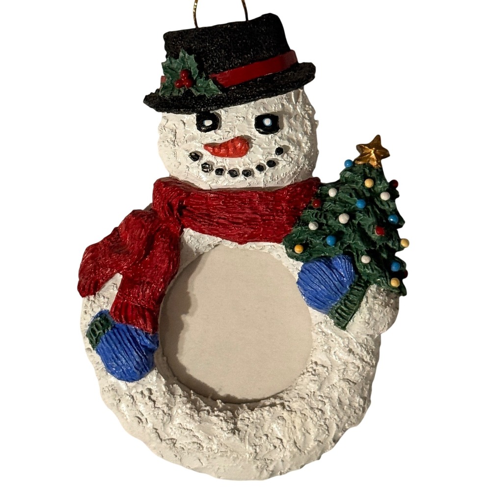 Snowman Photo Frame Christmas Ornament Resin Hand Painted Winter Holiday 4.5" *